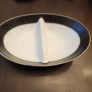 Noritake Black White Divided Oval Vegetable Dish Mirano Pattern Japan Vintage